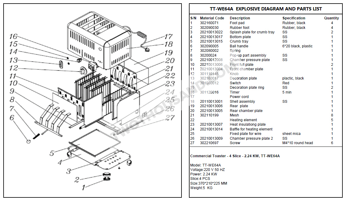 Explosive Diagram and Parts List - Commercial Toaster - 4 Slice - 2.24 KW, TT-WE64A
