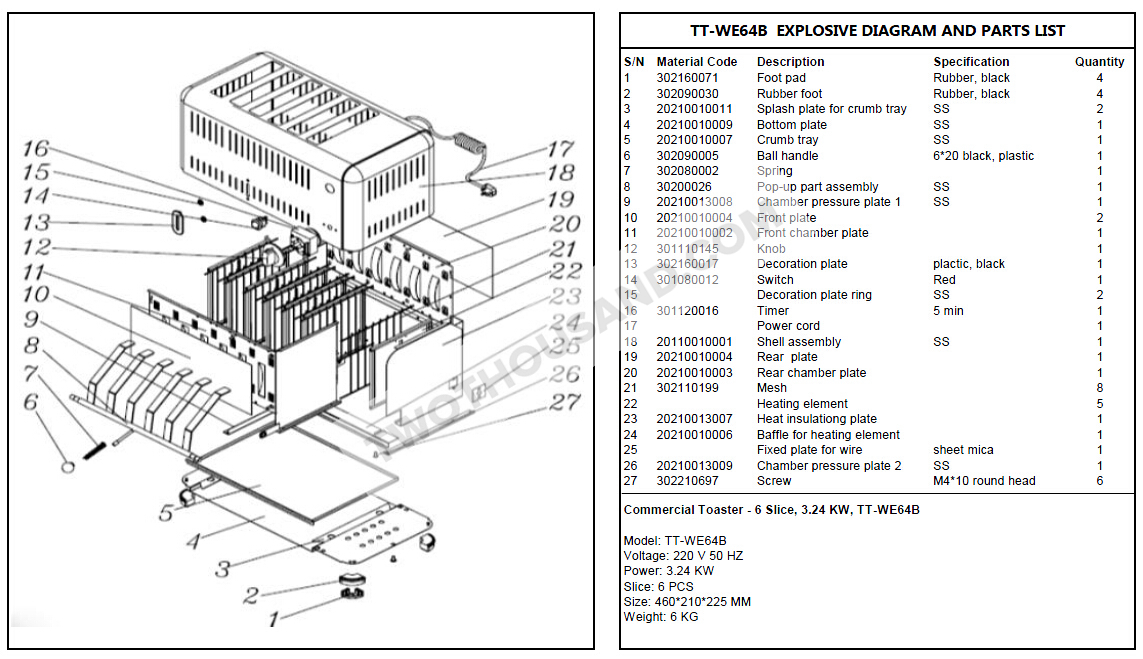 Explosive Diagram and Parts List - Commercial Toaster,  TT-WE64B