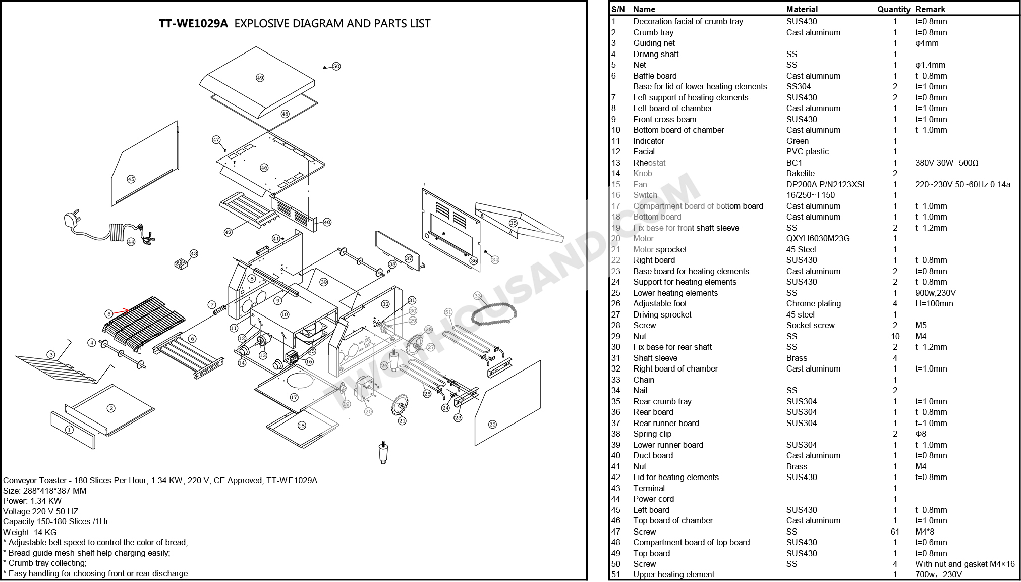 Explosive Diagram and Parts List, Conveyor Toaster, TT-WE1029A