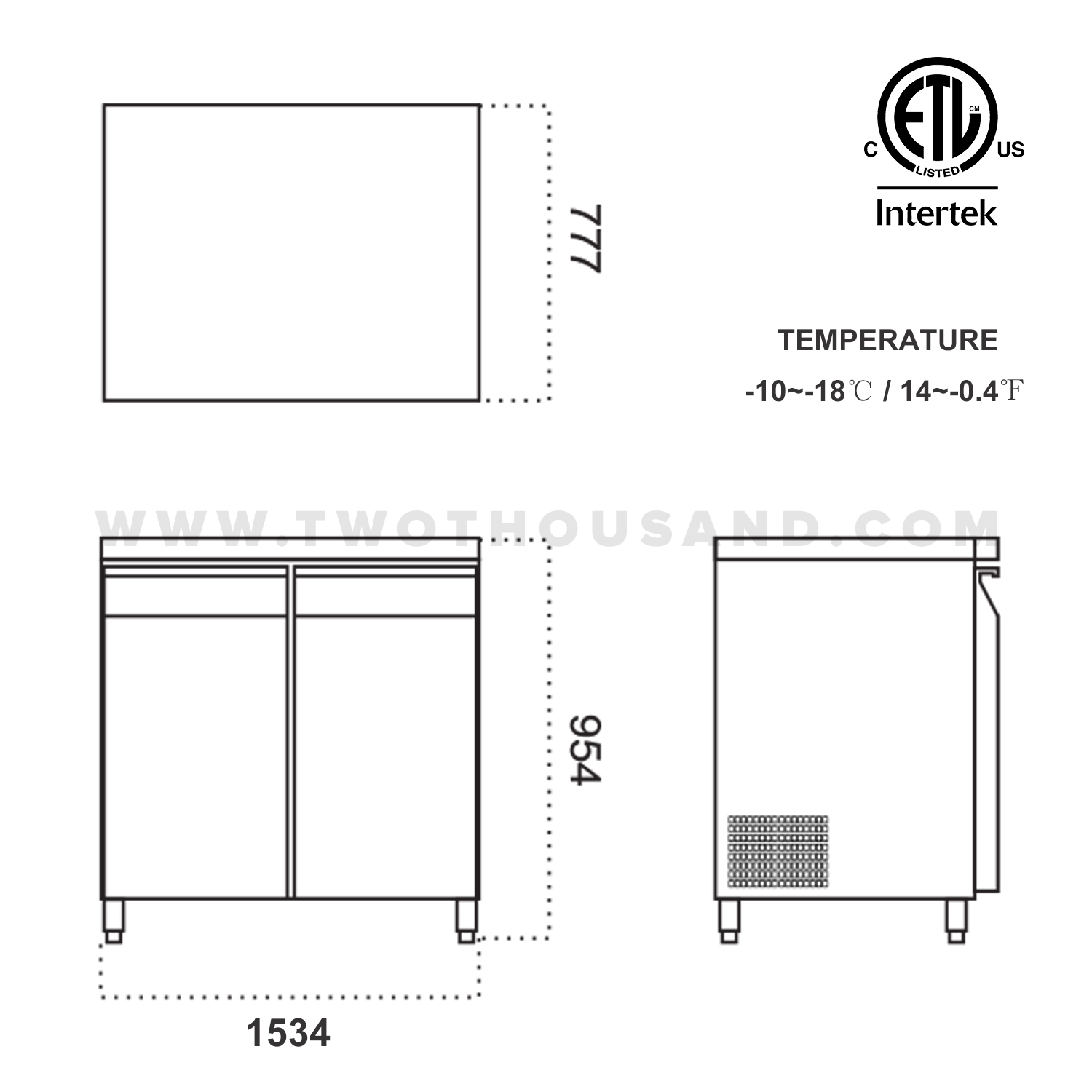 1534 MM ETL Approved 2 Door Commercial Undercounter Freezer TT-BC364R-3